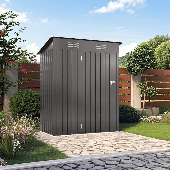 5 x 3 FT Outdoor Storage Shed, Metal Garden Tool Shed with Slooping Roof, Lockable Doors, All-Weather Bike Shed Easy to Assemble for Backyard, Patio, Lawn, Black