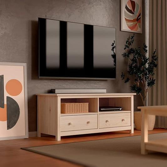 Handcrafted Solid Oak TV Stand Entertainment Center - Elegant Unfinished Media Console with Spacious Storage Drawers & Open Shelves - Sturdy Wood Cabinet Fits TVs up to 55 Inches