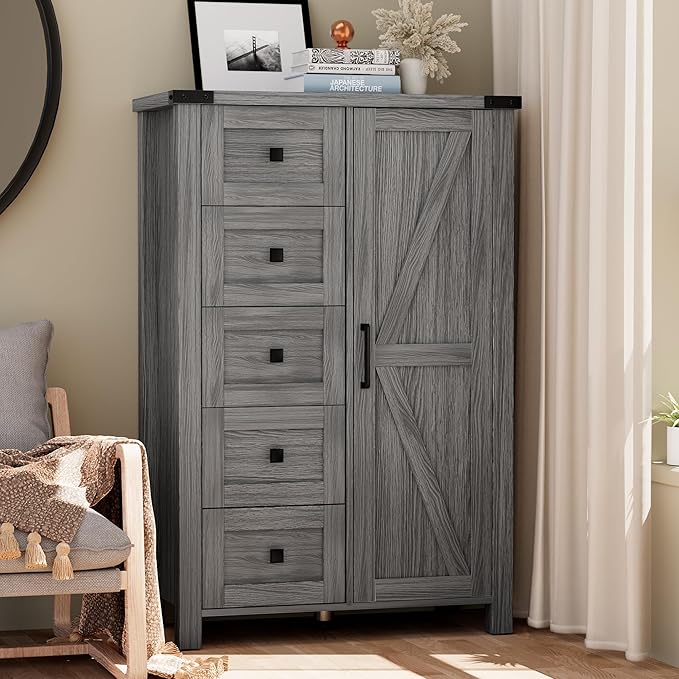 Farmhouse Dresser Storage Cabinet Chest of Drawer for Bedroom, 5 Drawer Dresser with Barn Door, 48 Inch Tall Grey Wood Dresser, Adjustable Shelves, Rustic, for Living Room, Entryway, Hallway