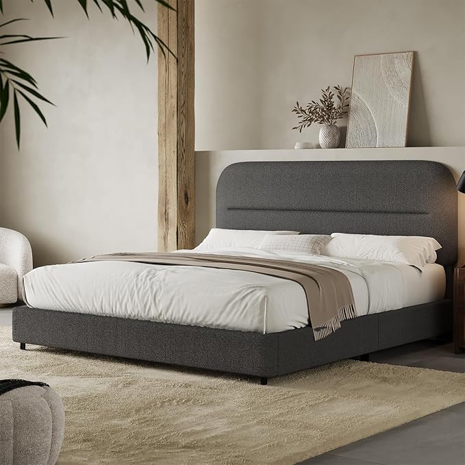 Full Size Boucle Bed Frame, Soft Upholstered Bed Frame with Headboard, Thickened Footboard, Rounded Corners, No Box Spring Needed, Easy Assembly, Grey