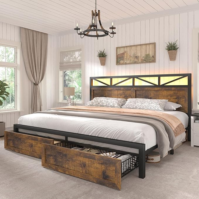EnHomee Farmhouse King Size Bed Frame with 2 Storage Drawers & LED King Bed Frame Built in Charging Station,NO Noise,No Box Spring Needed,Brown
