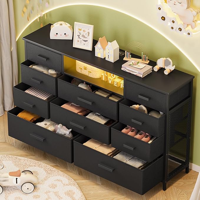 Dresser with Charging Station, Black Dresser for Bedroom with 10 Drawers, TV Stand Storage with LED Light for 55" TV, Fabric with PU Finish, Morden Chest of Drawers for Bedroom, Closet