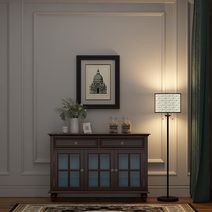 Inlight 59" High Double Shade Pull Chain Modern Floor Lamp for Living Room, Black Metal Frame and White Fabric Shade, Bulb Not Included, IN-0857-2-BK