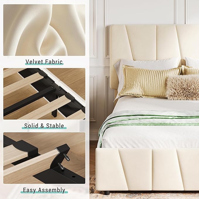 Twin Size Bed Frame with Adjustable Headboard and 2 Storage Drawers, Velvet Upholstered Tufted Twin Platform Bed Frames with Wooden Slats Support, Bedframe No Box Spring Needed, Beige/Cream