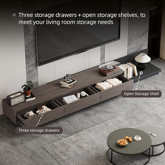 Mid-Century Modern Extendable TV Stand with Ample Storage for Living Room – Adjustable TV Cabinet from 78.7" to 130", 3-Drawer Entertainment Center, Black Walnut