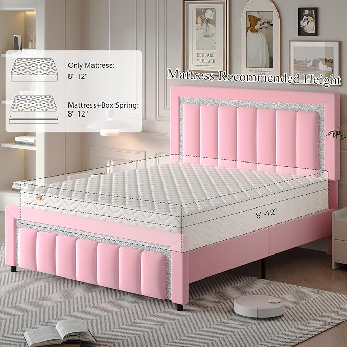 HOMBCK Queen Bed Frame, Upholstered Bed Frame with Diamond Headboard, Modern Queen Size Bed with Wooden Slats Support, Mattress Foundation, No Box Spring Needed, Easy Assembly, Pink