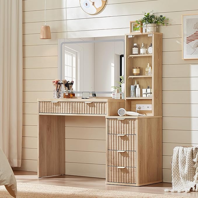 LEYAOYAO Vanity Desk with Mirror and Lights, 43.5'' Fluted Makeup Vanity with 6 Drawers and Adjustable Shelves, Natural Wood Make Up Vanity Dressing Table with Glass Top and Power Outlet for Bedroom
