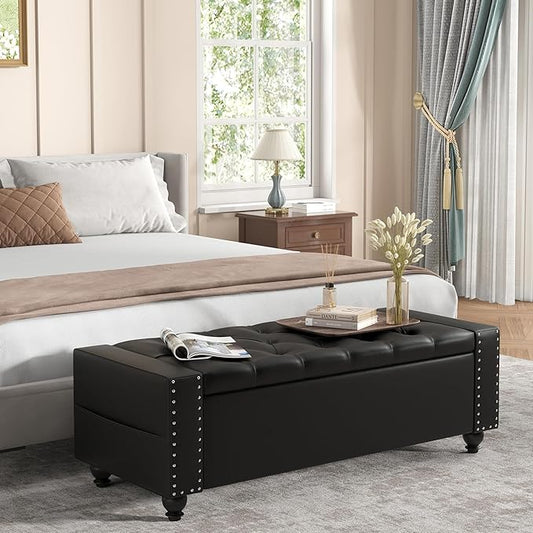 Maupvit Storage Ottoman Bench, 49 Inch Bedroom Bench, Upholstered Ottoman with Storage, Entryway Bench with Tufted Button, Faux Leather Window Bench for Bedroom, Living Room, Entryway, Hallway, Black