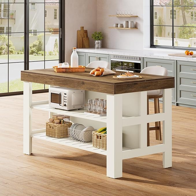 Tribesigns Kitchen Island with Seating and Storage Shelves, 55.1-Inch Breakfast Counter Farmhouse Island Table for Kitchen Dining Room