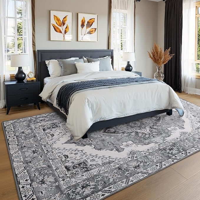 Living Room Rug 6x9 Rug, Machine Washable Area Rug Non Slip Low Pile Rug for Living Room, Bedroom, Farmhouse, Dining Room, Grey