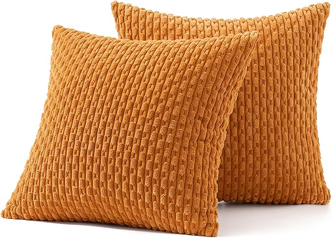MIULEE Fall Burnt Orange Throw Pillow Covers Soft Corduroy Decorative Set of 2 Boho Striped Pillow Covers Pillowcases Farmhouse Home Decor for Thanksgiving Couch Bed Sofa Living Room 20x20 Inch