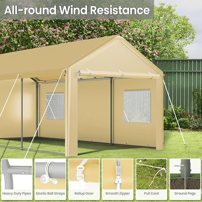 Carport 10x20 Ft, Heavy Duty Car Canopy with Reinforced Ground Bar, Portable Garage with Roll-up Windows and Removable Sidewalls, Galvanized Car Shelter, Large Outdoor Carports (Yellow)