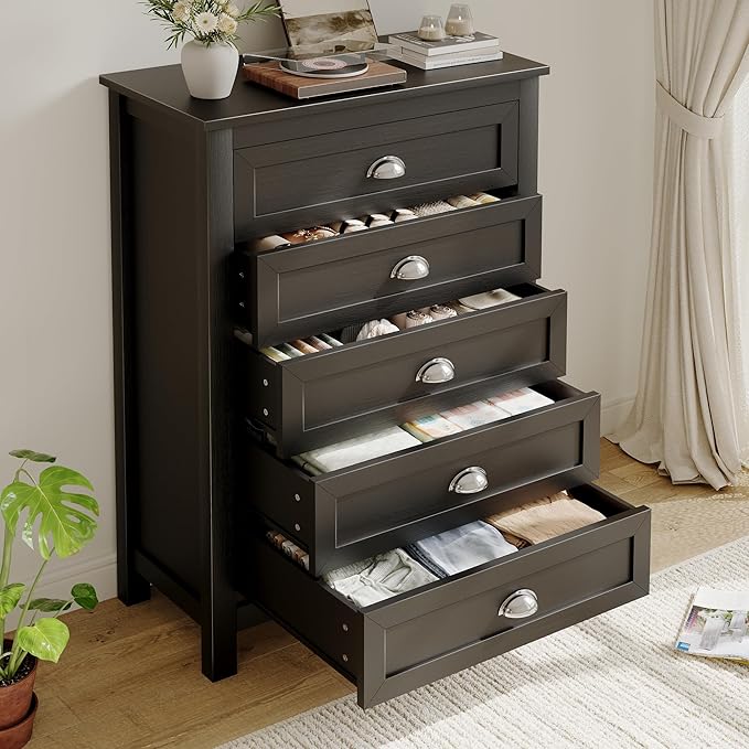 5 Drawer Dresser, Farmhouse Tall Dresser for Bedroom, Antique Black Chest of Drawers, Modern Dressers for Bedroom, Closet
