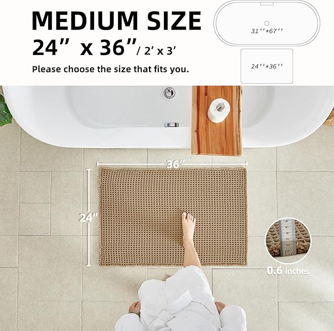 Waffle Bath Mat, Boho Bathroom Rugs Non Slip Washable Super Absorbent Quick Dry Farmhouse Bathroom Decor, 36"x24" Khaki