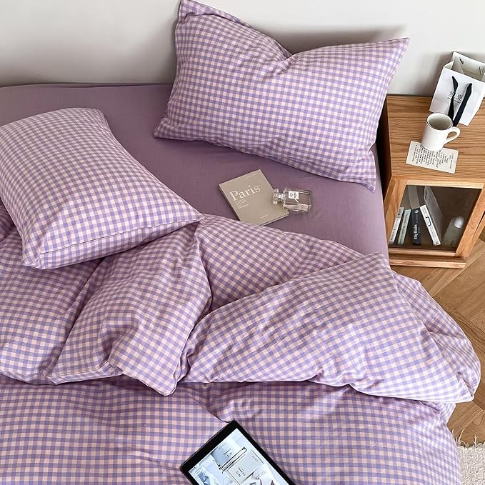 mixinni Purple Gingham Comforter Set King, Plaid Comforter Set 3 Pieces 1 Purple Grid Comfoter with 2 Pillow Cases for All Seasons, Soft Fluffy Modern Grid Pattern Printed Bedding-King Size