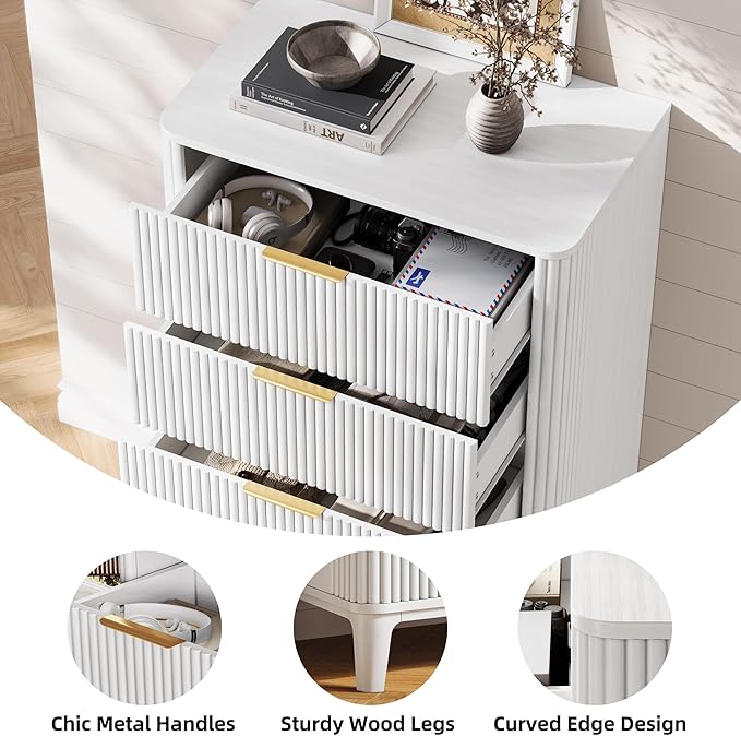 Fluted Dresser for Bedroom with 5 Drawers Set of 2, 45" Large Closet Clothes Wood Tall Dresser Storage Organizer, Mid Century Modern Chest of Drawers with Deep Storage White