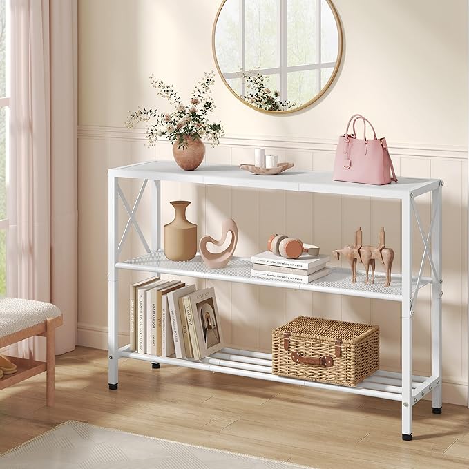 Hoctieon White Industrial Console Table, 3 Tier Entryway Tables, Hallway Desk, Narrow Sofa Tables with Shelves, Entrance Table for Entryway, Living Room, Foyer, Hallway, Office, White