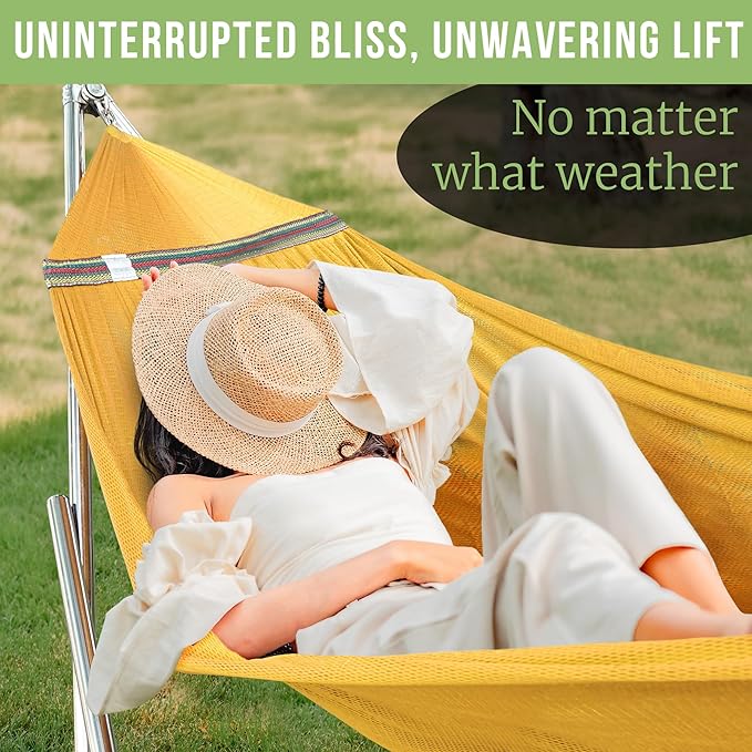 Tranquillo Double Hammock with Stand 650lb Capacity Double Hammock with Spreader Bar, Solid Grade 201 Stainless Steel 30s Set Up, Sturdy Flexible Hammock Stand Portable, Outdoor Indoor, Yellow
