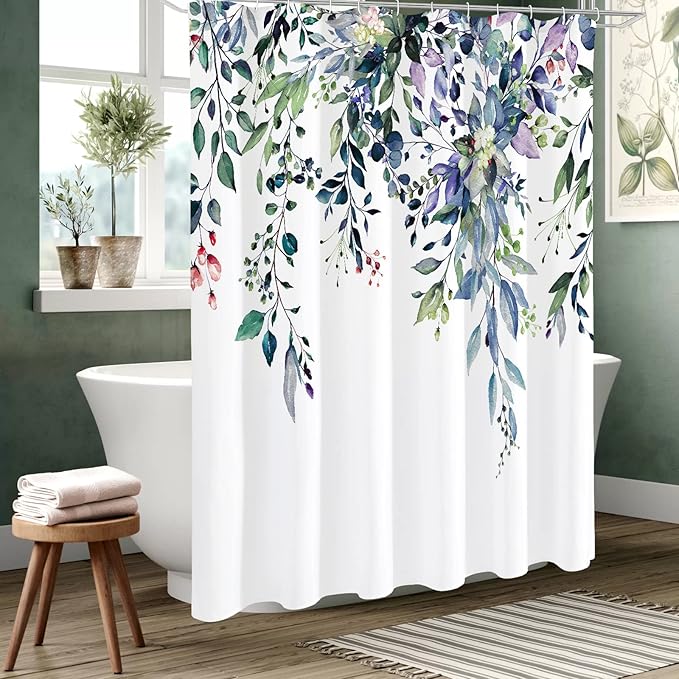 Gibelle Spring Floral Shower Curtain for Bathroom, Watercolor Green Eucalyptus Leaves Plant Shower Curtain Set with Hooks, Washable Polyester Fabric 72x72 Inch