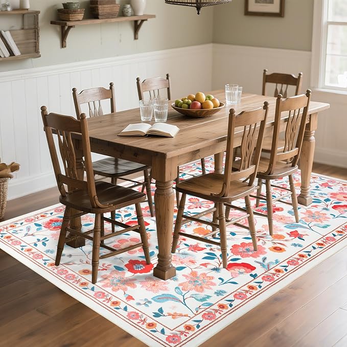 9x12 Area Rug for Living Room Clearance, Modern Washable Rug Non Slip Low Pile Floral Rugs for Living Room, Bedroom, Farmhouse, Dining Room, Kids Playroom, Beige