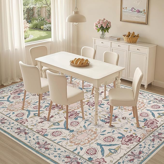 Nursery Rug 10x14 for Kids & Girls - Washable Vintage Large Floral Area Rugs - Ultra Thin Stain Resistant Non Slip Carpets for Kids Playroom, Living Room, Bedroom, Dining Room, Office - Floral Multi