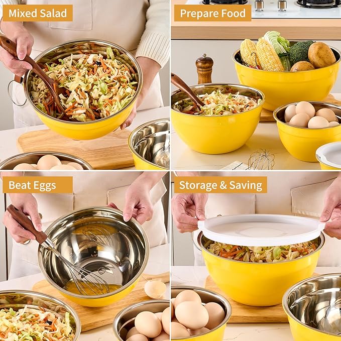 Yellow Mixing Bowls with Airtight Lids, Stainless Steel Nesting Mixing Bowls Set of 7, Ideal for Baking, Prepping and Serving Food, Size 7, 3.6, 2.7, 2.1, 1.5, 1.1,0.8 QT, Stackable Design
