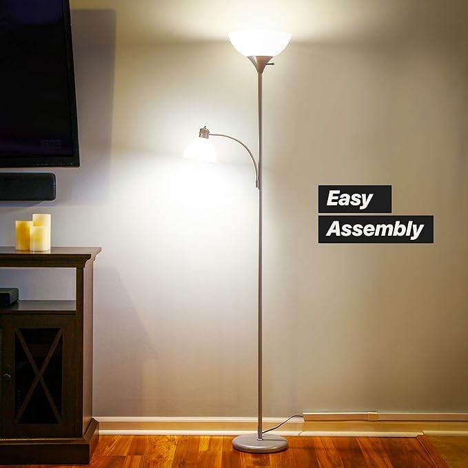 Brightech Sky Dome Plus LED Floor lamp, Torchiere Super Bright Floor Lamp with Reading Lamp for Living Rooms & Offices - Dimmable Tall Standing Lamp for Bedroom Reading - Silver