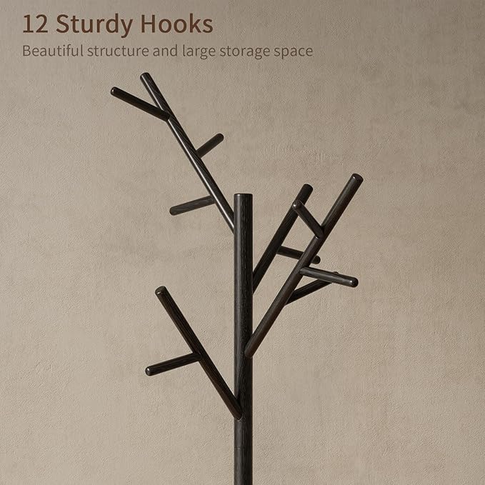 Coat Rack, Solid Wood Coat Rack Freestanding with 12 Hooks, Coat tree freestanding 3 Adjustable Heights for coat, Hats, Handbags， Coat Stand for Entryway, Bedroom (Black)