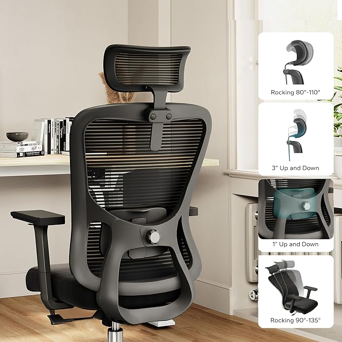 Ergonomic Office Chair - 350LB Mesh Office Chair with Adjustable Lumbar, High Back Computer Desk Chair with 3D Armrests, Comfy Chair with 2D Headrest & Tilt Function for Study, Work, Gaming