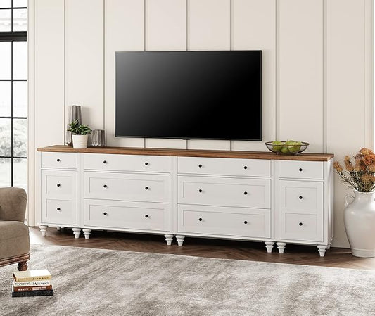 WAMPAT 100 inch TV Stand with 9 Drawers, TV Cabinet Entertainment Center for 75/80/85/90 Inch TV, Kids Dresser with 3 Drawers for Bedroom, Nightstands with Charging Station for Living Room, White