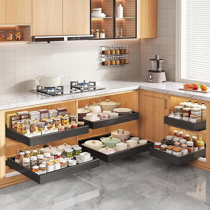 2 Pack Pull Out Cabinet Organizers 16.5" Deep With Raising Pad for Framed Cabinets,Expandable Slide Out Drawers Upgrade 3 Slide Rails,Roll Out Shelves,Adjustable Width 12.1"-20.45" Black