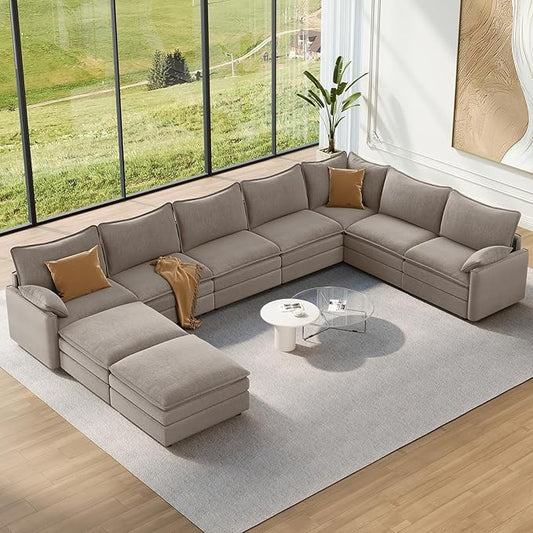 Vesgantti Large Modular Sectional Sofa, Big Comfy Cloud Couch with Ottoman Deep Seat Chenille Cloud Sofa, 9 Seater Large Sectional Couches for Living Room, Bedroom and Apartment, Light Brown