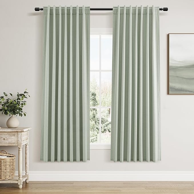 Guken Blackout Curtains 72 Inch Length 2 Panels Set for Living Room Bedroom Back Tab Thermal Insulated 100% Black Out Linen Drapes Room Darkening Window Curtains 72 Inches Long,Mist Sage