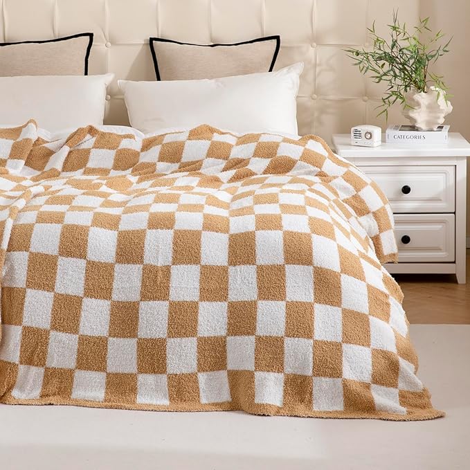YIRUIO Throw Blanket Checkered Chessboard Fluffy Fuzzy Warmer Comfort Reversible Super Soft Cozy for Home Decor Bed Couch Sofa Livingroom (Burnt Orange, 60''x80'')