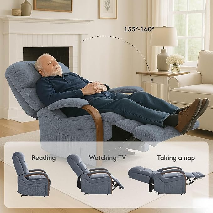 FLEXISPOT Dual Motor Power Lift Recliner Chair for Elderly, Electric Lay Flat Reclining Chair with Massage & Heat, Side Pockets, Fabric Single Sofa for Living Room, Blue