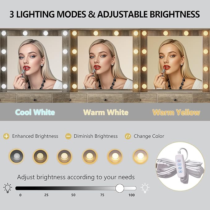 Makeup Vanity Desk with Mirror and Lights, Glass Top Vanity Table Set with Drawers & Power Outlet, Large Dressing Table with 3 Color Lighting Modes & RGB Cabinets for Women Girls Kids Bedroom, Grey