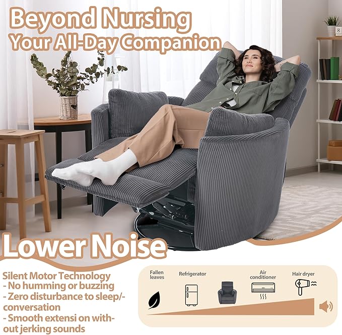 Power Swivel Glider Rocking Recliner Nursery Chair, Corduroy Rocker Recliner with USB, 2 Pillows, Barrel Armchair Single Sofa for Living Room Bedroom, Dark Grey