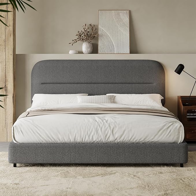 HOMBCK Queen Bed Frame Upholstered Boucle Bed Frame with Headboard/Thickened Footboard/Rounded Corners/No Box Spring Needed/Easy Assembly, Grey