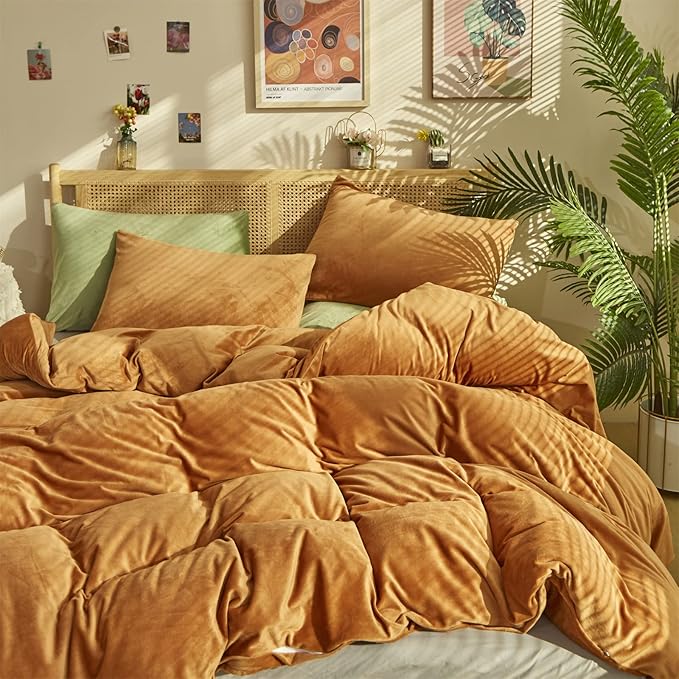 Cottonight Velvet Comforter Set King Pumpkin Rust Bedding Set Flannel Burnt Orange Fluffy Plush Blanket Quilts Soft Thick Warm Terracotta Comforter Set for Women Men King Bed