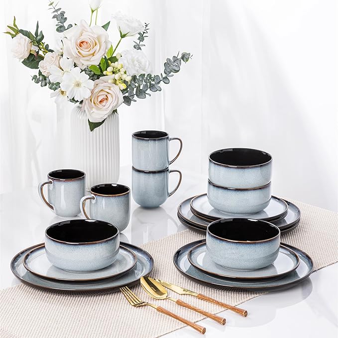 LERATIO Ceramic Dinnerware Sets for 4,16-PieceReactive Glaze Plates and Bowls Set with Mugs,Highly Chip and Crack Resistant | Dishwasher,Microwave & Oven Safe Dishes set-Gray White