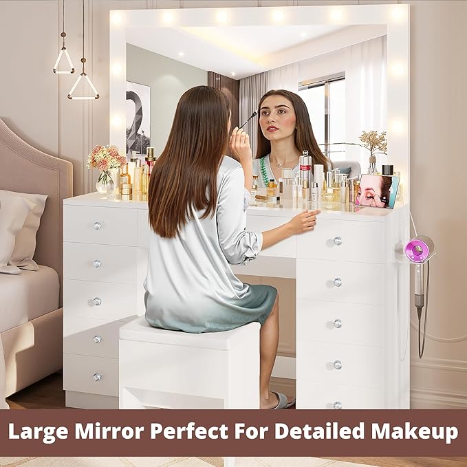 IRONCK 46'' Makeup Vanity Set with LED Mirror & Power Outlet - 11 Drawers, Glass Top, Hair Dryer Rack, Dressing Table with Storage Bench for Bedroom, 3 Lighting Color Adjustable, White