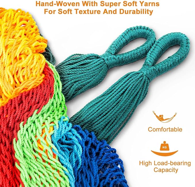 Lazy Daze Hammocks Handwoven Mayan Hammock, 10.5 FT Soft Rope Double Hammocks, Portable Outdoor Hammock with Carry Bag, 2 Straps & carabiners for Patio Outside, 550 lbs Weight Capacity, Multi Color
