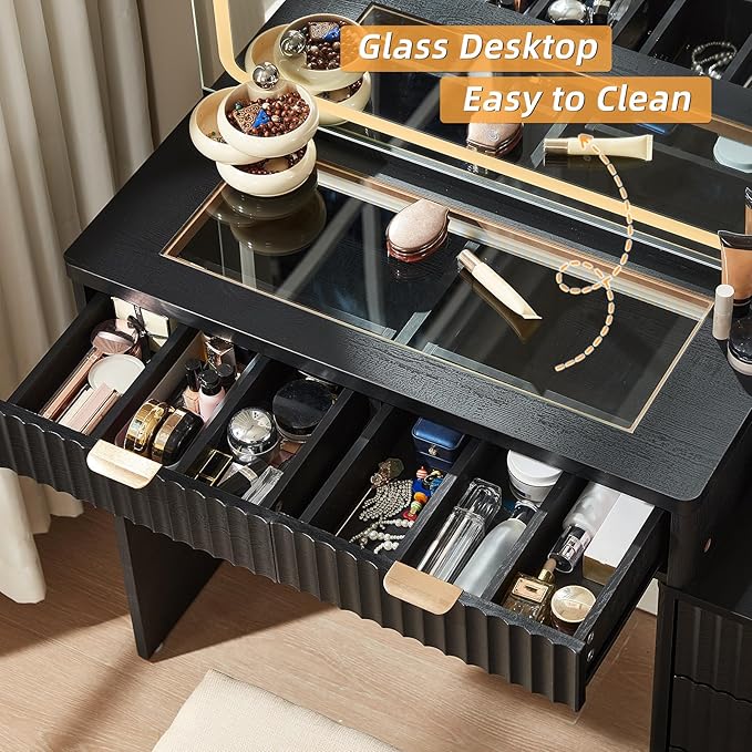 LEYAOYAO Vanity Desk with Mirror and Lights, 43.5'' Fluted Makeup Vanity with 6 Drawers and Adjustable Shelves, Black Wood Make Up Vanity Dressing Table with Glass Top and Power Outlet for Bedroom