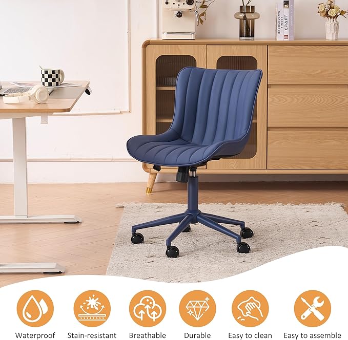 YOUNIKE Armless Home Office Desk Chair with Wheels Compact Comfy Vanity Chair with Adjustable Back Modern Small Leather Upholstered Rolling Swivel Cute Copmuter Task Chair No Arms Ergonomic Navy Blue