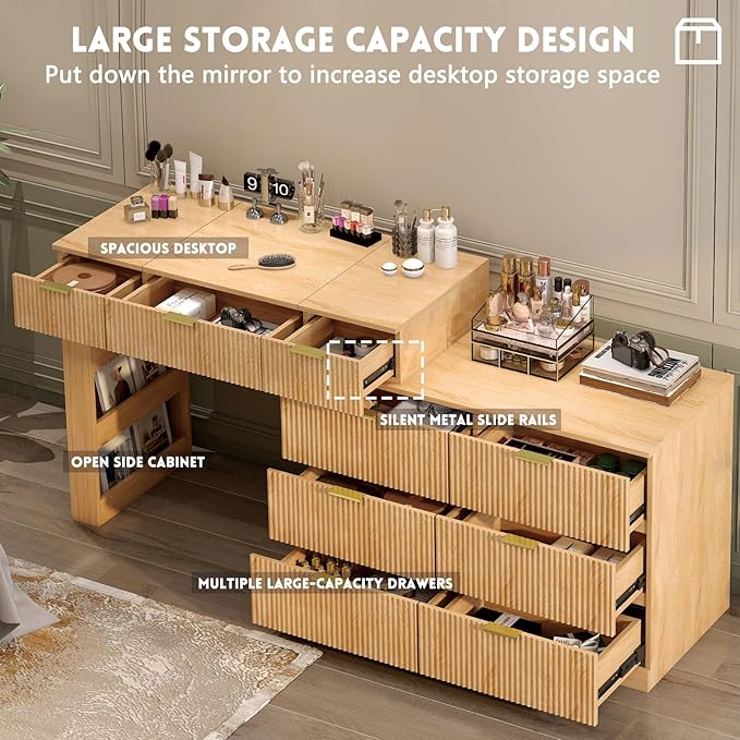 Fluted Vanity Desk with Flip Top Mirror and Lights, Wooden Makeup Vanity Desk with Glass Top & USB Ports, Modern Extendable Dressing Table with 9 Drawers Dresser and Cabinet, Dresser for Bedroom (Oak)