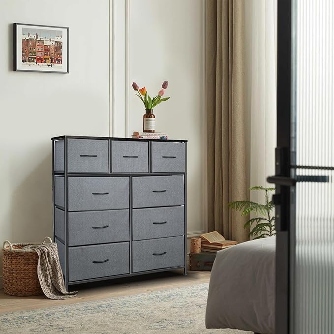 Dresser for Bedroom with 9 Drawers, Chest of Drawers, Storage Drawers Organizer Unit, Grey Wide Fabric Dresser with Fabric Bins for Closet, Living Room, Entryway (Grey and Charcoal Black)