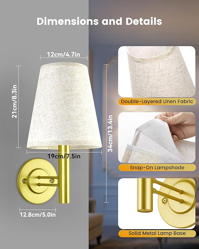 Battery Operated Wall Sconces Lights Decor for Bedroom Set of 2, Wireless Rechargeable LED Wall Lamp with Remote & Touch Control, Wall Mount Lighting Fixture for Living Room, Satin Gold