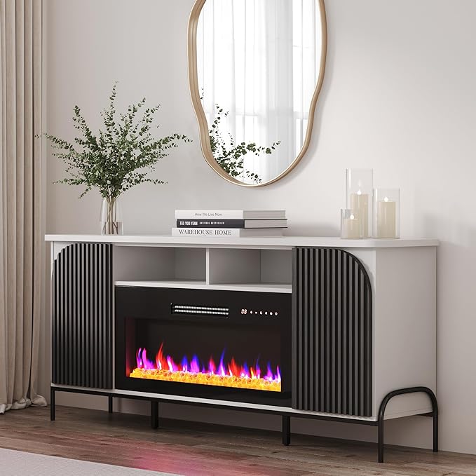 BELLEZE 68" Fluted TV Stand with 36" Electric Fireplace, Modern Entertainment Center with Storage for TVs Up to 75", Media Console with Curved Panel & Door,TV Cabinet for Living Room Bedroom (White)