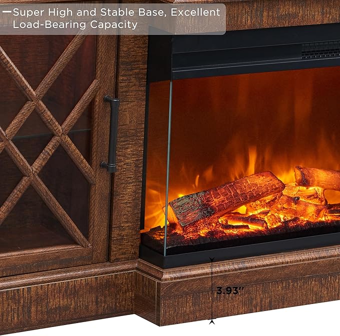 OKD 3-Sided Glass Farmhouse Fireplace TV Stand for TVs up to 80'', Highboy Entertainment Center with Glass Door Storage Cabinet, 70'' Large TV Stands with 36'' Electric Fireplace, Reclaimed Barnwood