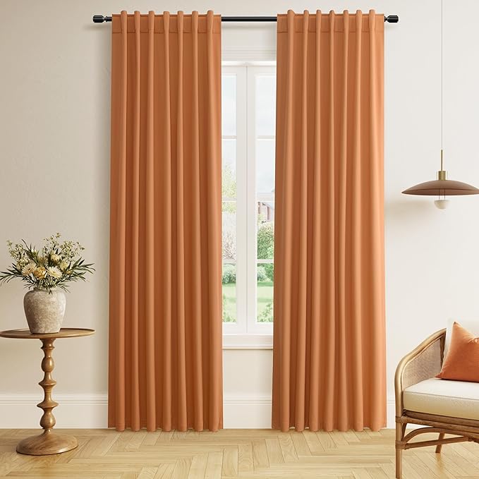 Guken Orange Blackout Curtains 90 Inch Length 2 Panels Set for Living Room Bedroom Back Tab Thermal Insulated 100% Black Out Linen Drapes Room Darkening Window Curtains 90 Inches Long